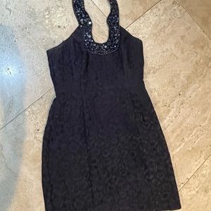 David Meister above the knee - navy blue cocktail dress. Halter neck w/sequins.